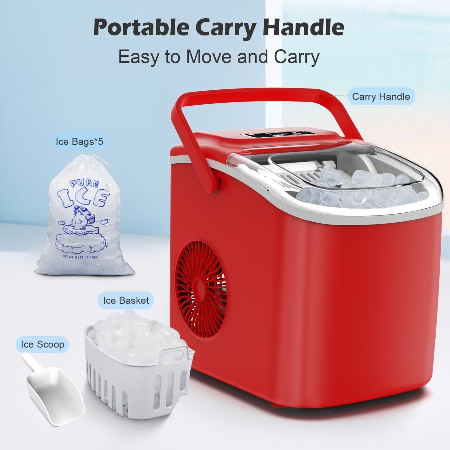 Countertop Ice Maker, Portable Ice Maker Machine with Carry Handle, Self-Cleaning Ice Makers, 9 Bullet Ice in 6 Mins, 26.5Lbs/24H with Ice Bags and Ice Scoop Basket for Home Bar Camping RV