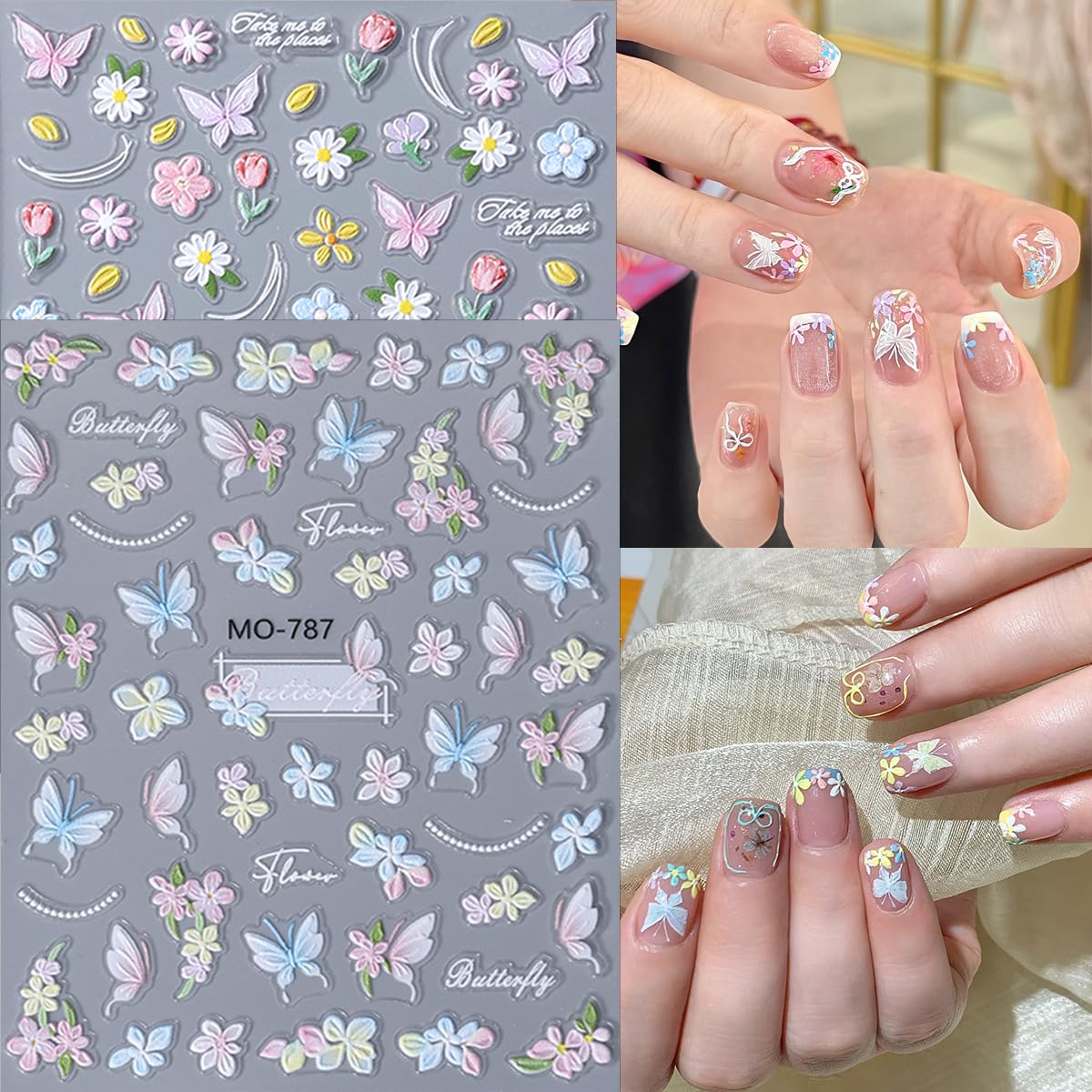 6 Sheets 5D Embossed Spring Flower Nail Art Stickers Colorful Gradient Butterfly Floral Nail Decals French Style Design Flowers Nail Stickers for Women Spring Summer DIY Manicure Supplies