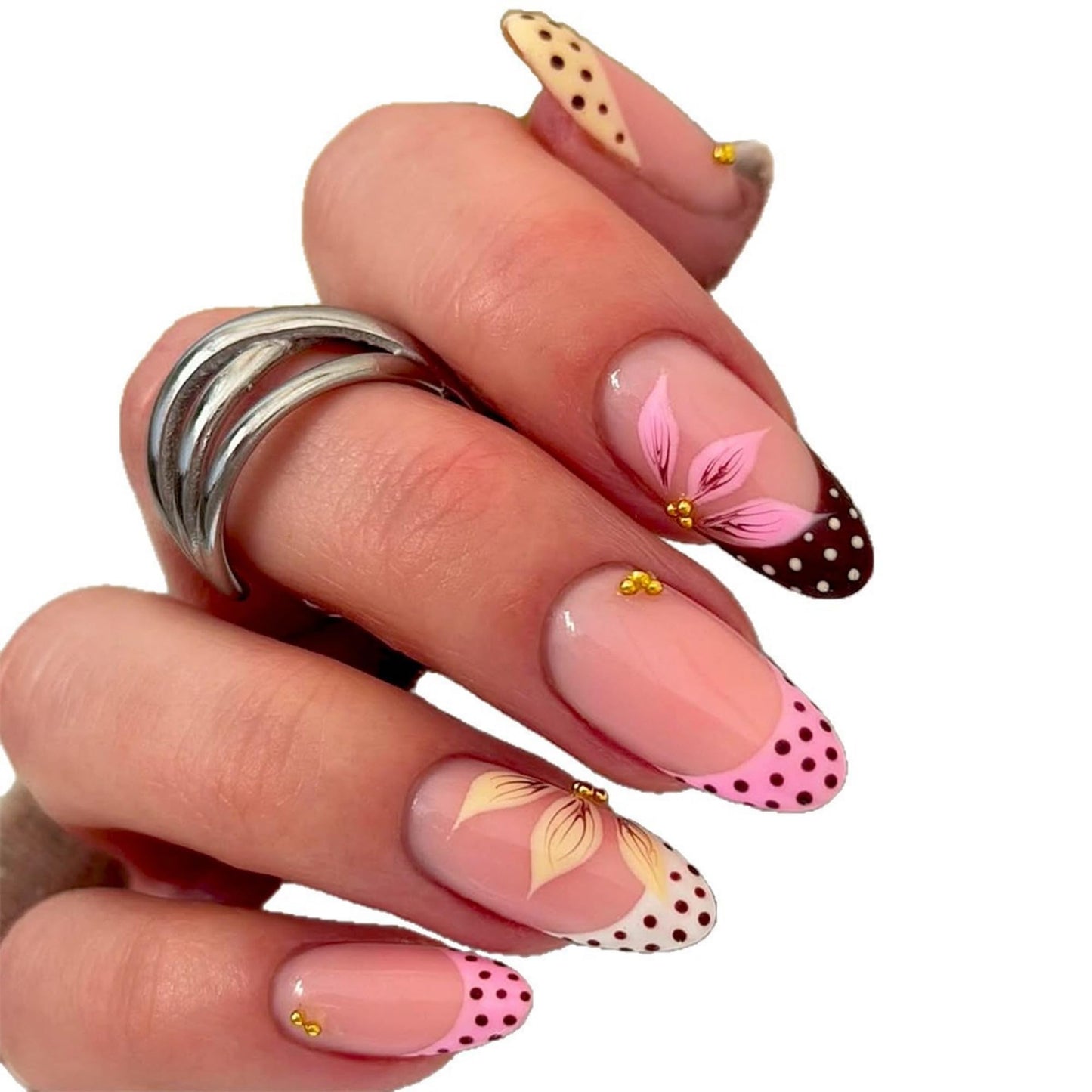 octoswave Press on Nails Long Almond Fake Nails with Pink Floral and Polka Dot Designs Glossy Glue on Nails for Party and Dating French Tip False Nails 24Pcs