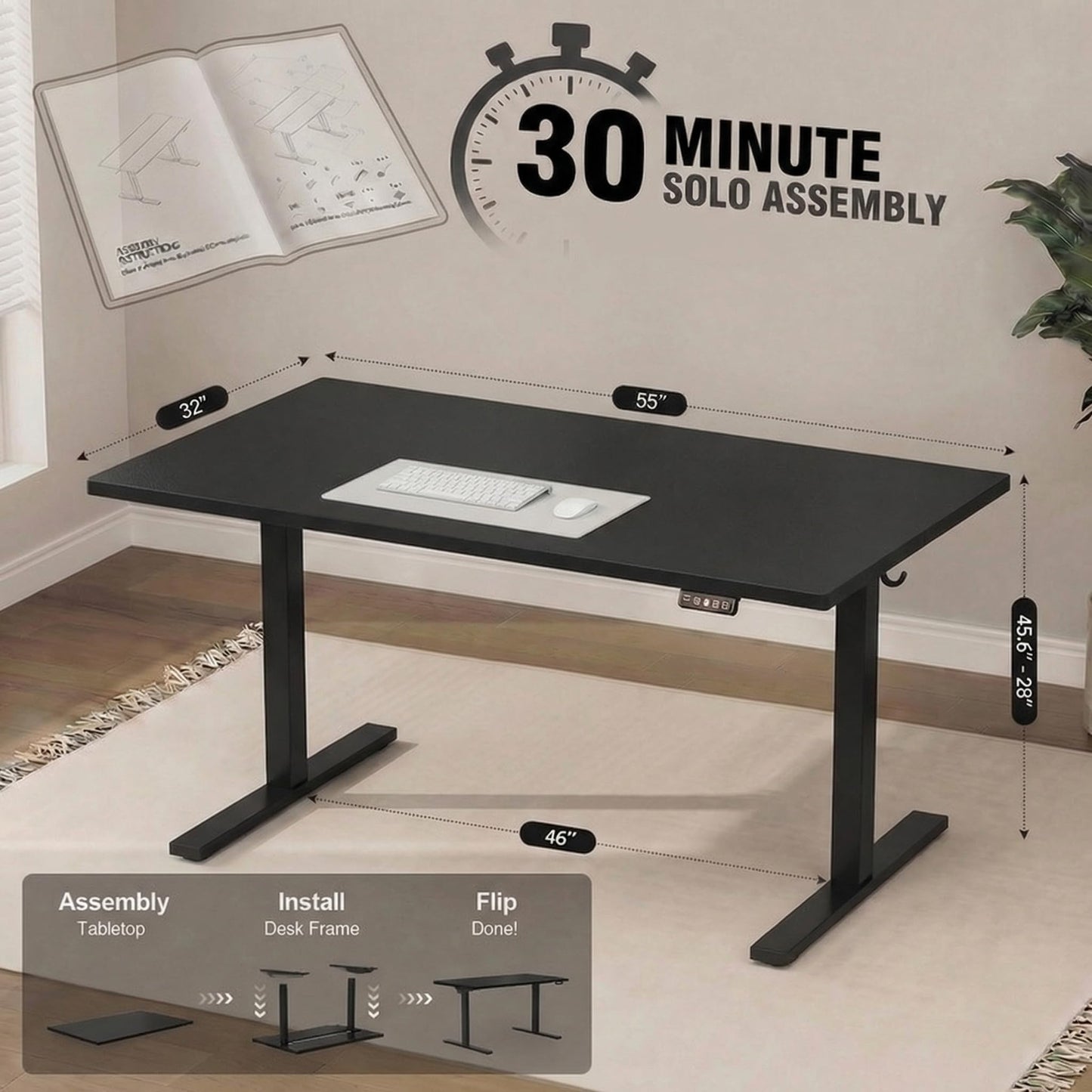 Grandder 55x32 Large Electric Standing Desk, Height Adjustable Computer Desk with 2 Memory Presets, 31.5" Deep Desktop Sit Stand Desk Home Office Desk Workstation Table with Hooks, Black