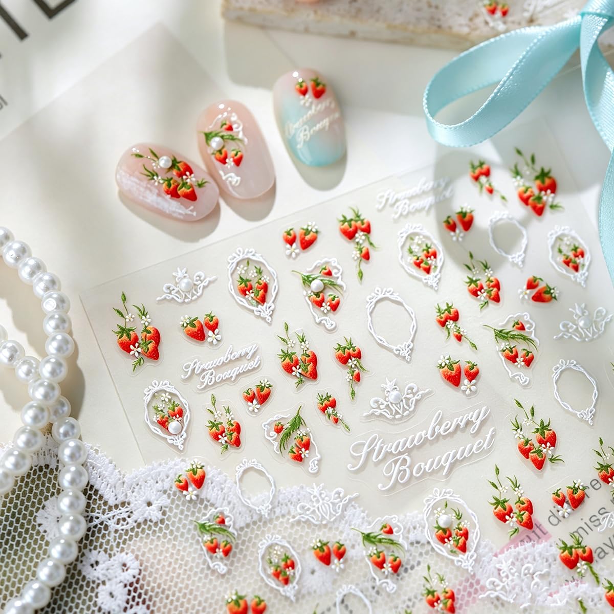 5D Embossed Nail Stickers Strawberry Nail Decals 3D Lace Frame Nail Art Stickers Cute Self-Adhesive Nail Stickers for Nail Art for Women Girls DIY Manicure, 1 Sheet