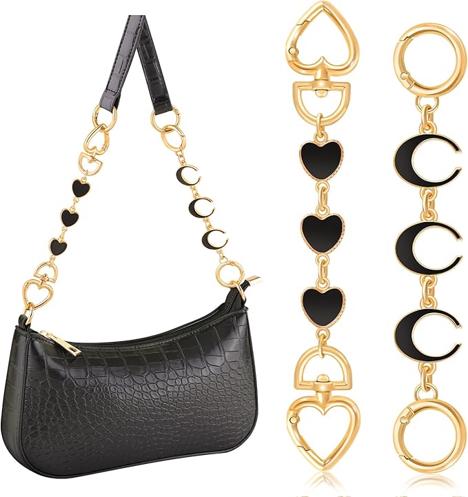 2Pcs Bag Extender Chain (Black Moon and Heart), Purse Extender Chains Bag Strap Extender for Handbags Shoulder Bag, Metal Gold Chains Replacement Black Purse Bag Chain Accessories Mother's Day