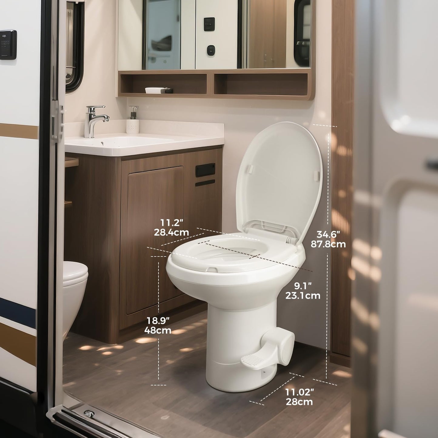 Clirass Efficient Gravity-Flush RV Toilet with Quiet-Close, Triple-Jet Flush with Adjustable Water Level, Standard Height and Foot Pedal for RVs, Trailers, and Campers