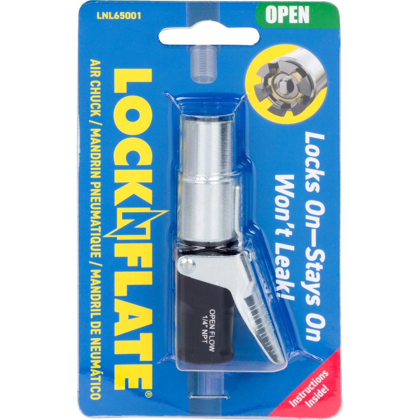 LockNFlate Locking Air Chuck - Six Steel Jaws Lock onto Any tire Valve - Won't Leak or pop Off - Rated to 150 PSI - Open Flow