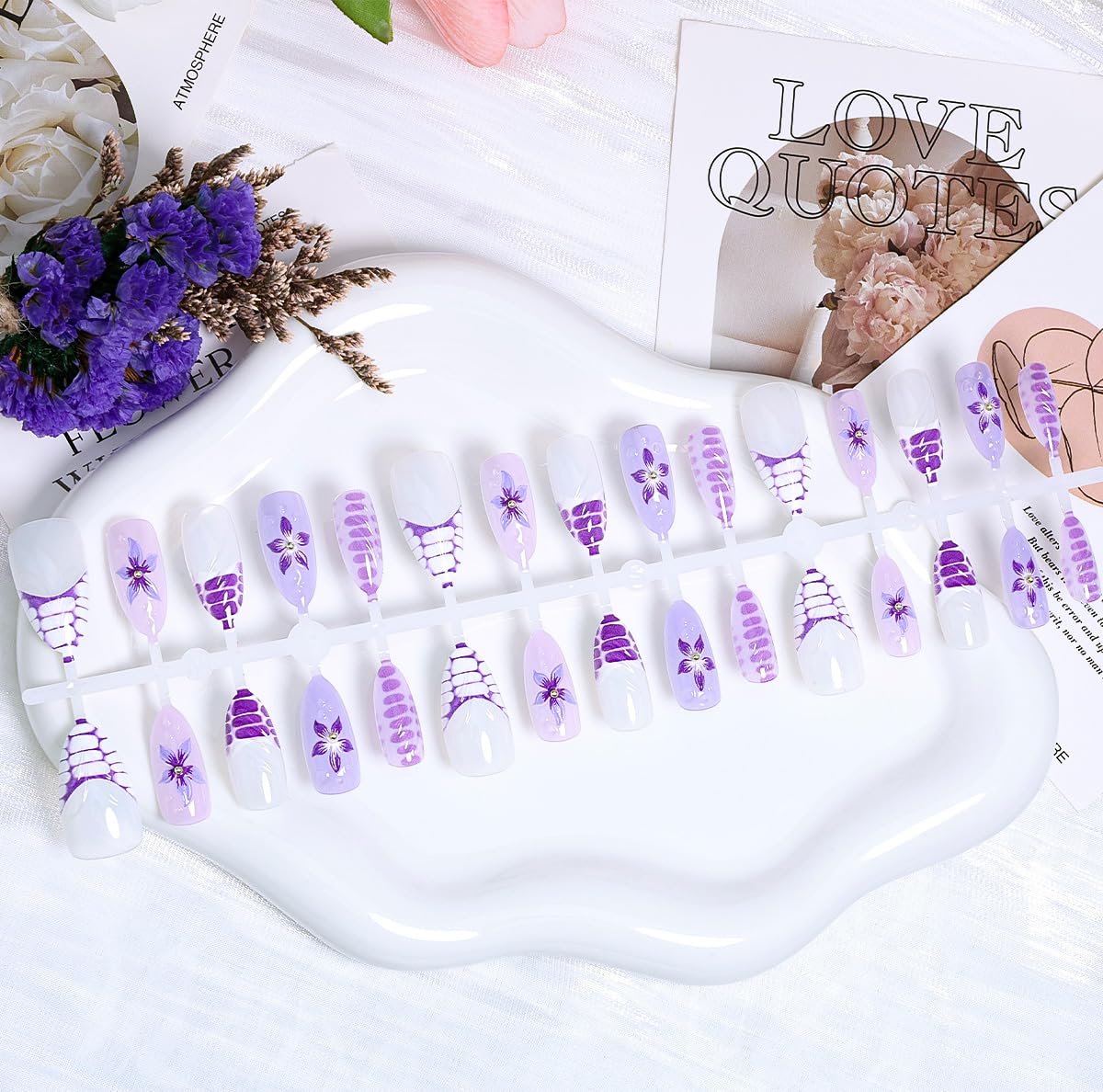 30Pcs Flower Press on Nails Medium French Tip Fake Nails Purple Hibiscus Flowers with Rhinestones Design Summer False Nails Gradient Purple Full Cover Stiletto Acrylic Nails Cute Almond Glue on Nails
