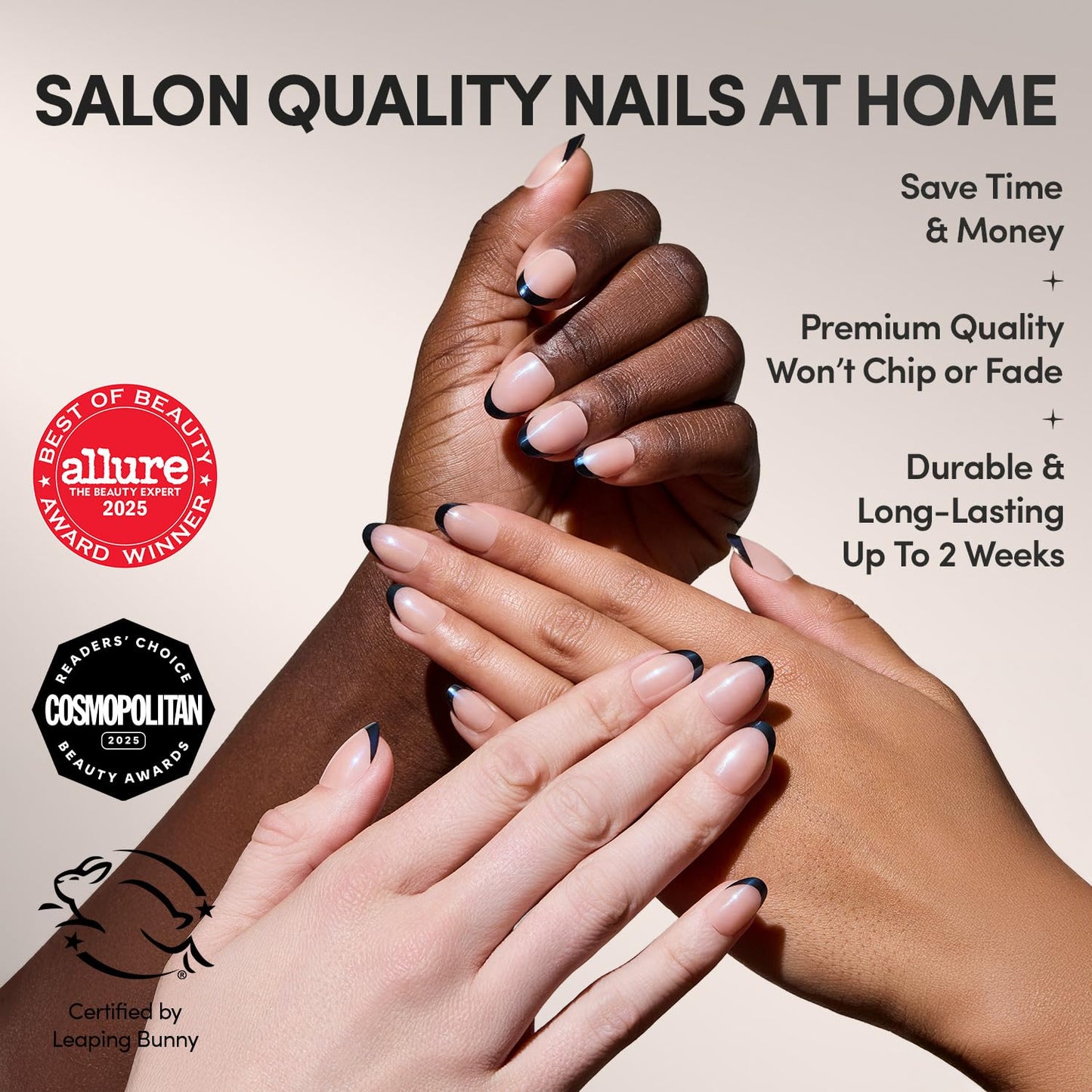 Glamnetic Press On Nails - Short Oval Fake Nails, Black French Tip Nails, Smoke Salt | 15 Sizes - 30 Nail Kit with Glue | Gift for Mom