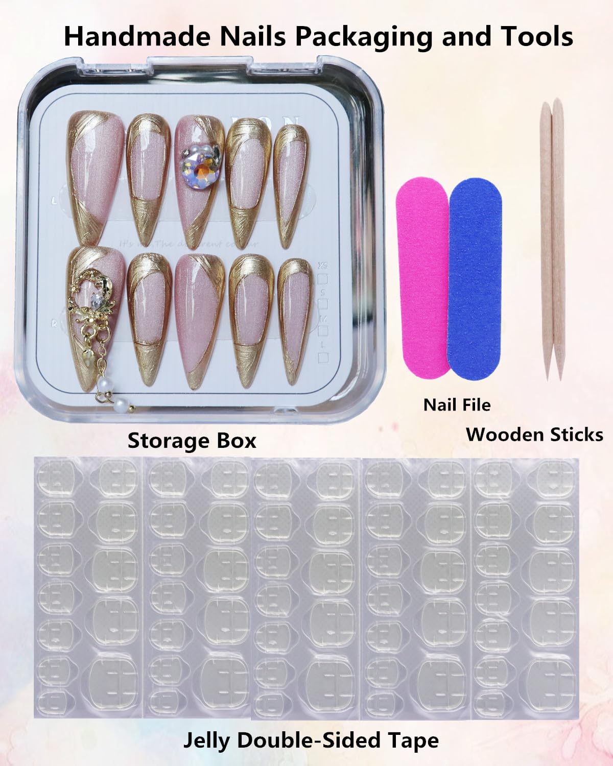 CAMILCY Press on Nails Handmade Nails Luxury Reusable Fake Nails For Girls long Almond Armor Tip Golden Pink Diamonds HandPainted Salon Loveful Design Acrylic GelUV Finished 3D Nails 10PCS (A003, M)