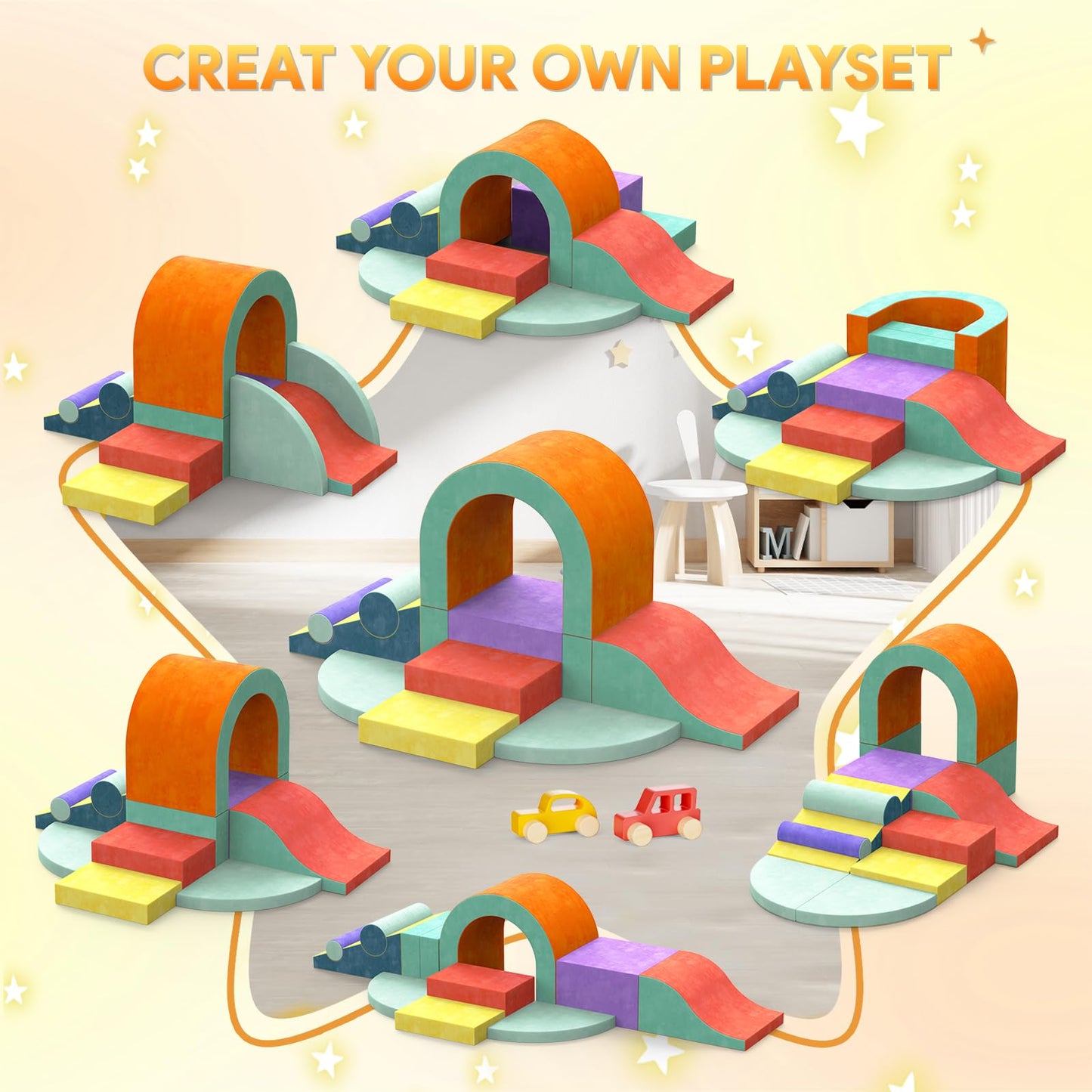 Yaofala Foam Climbing Blocks for Toddlers, 12 PCS Colourful Toddler Climbing Toys Indoor, Soft Play Set with Toy Car, Flexible Crawling and Sliding Climbing Blocks