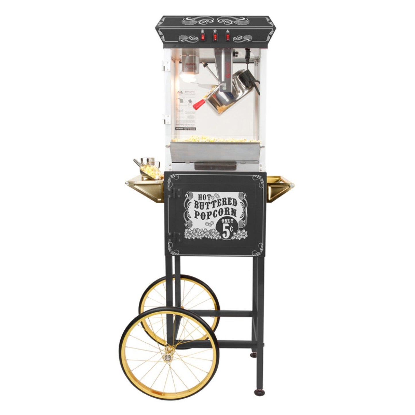 Funtime Sideshow Popper 8-Ounce Hot Oil Popcorn Machine with Cart, Black/Silver