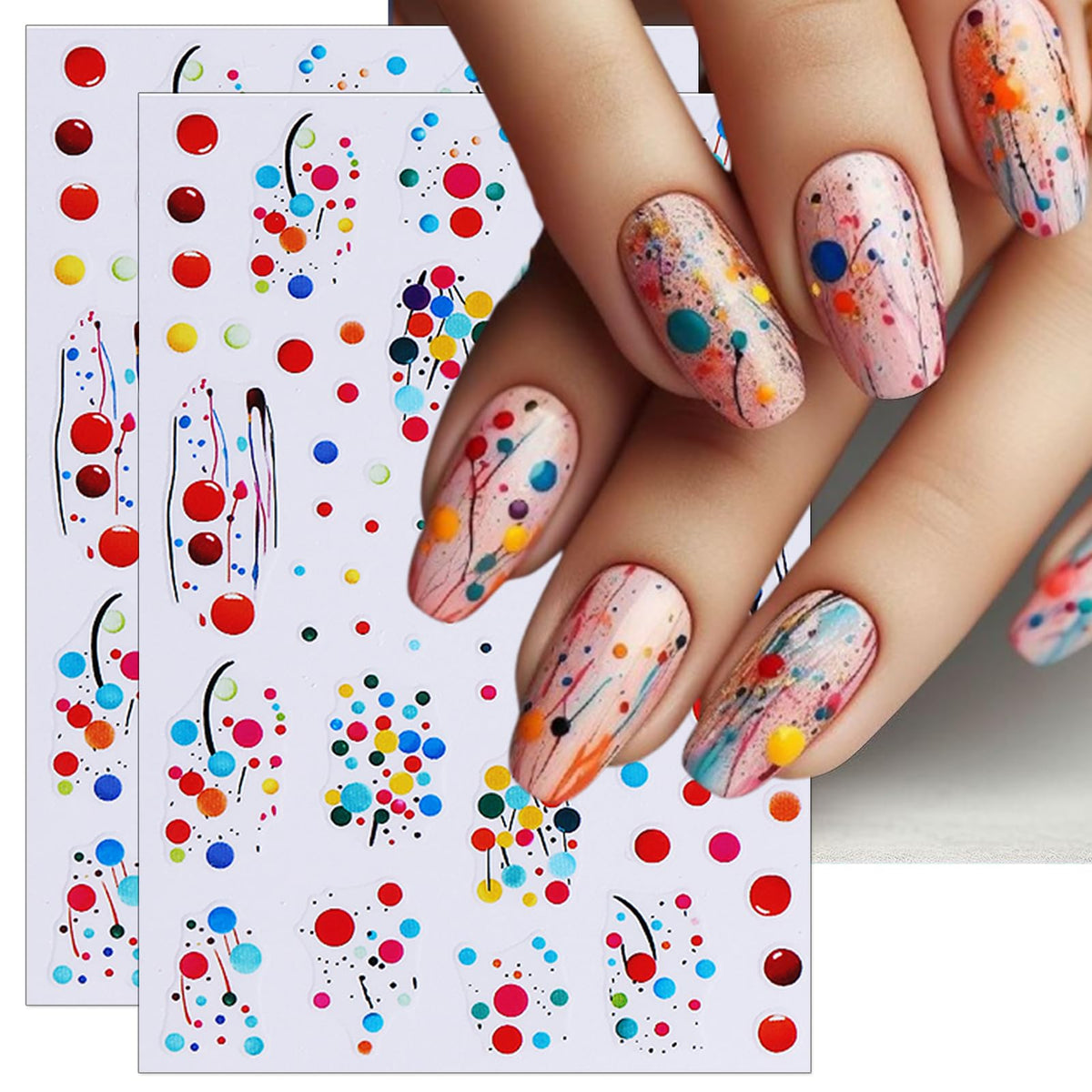 IDDFEVE French Rainbow Dot Nail Stickers - French Line Balloon Party Self-Adhesive Nail Art Decals for Women Girls, DIY Colorful Christmas New Year Celebration Pride Month Manicure (4 Sheets)