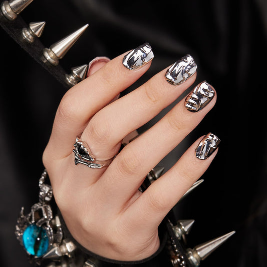 VSALON Short Square Press on Nails - Silver Metallic Chrome 3D Sculpting Fake Nails Kit, Reusable Opaque Punk Glue on Nails, Cuticle Oil - 32 PCS Stick on Nails in 16 Sizes