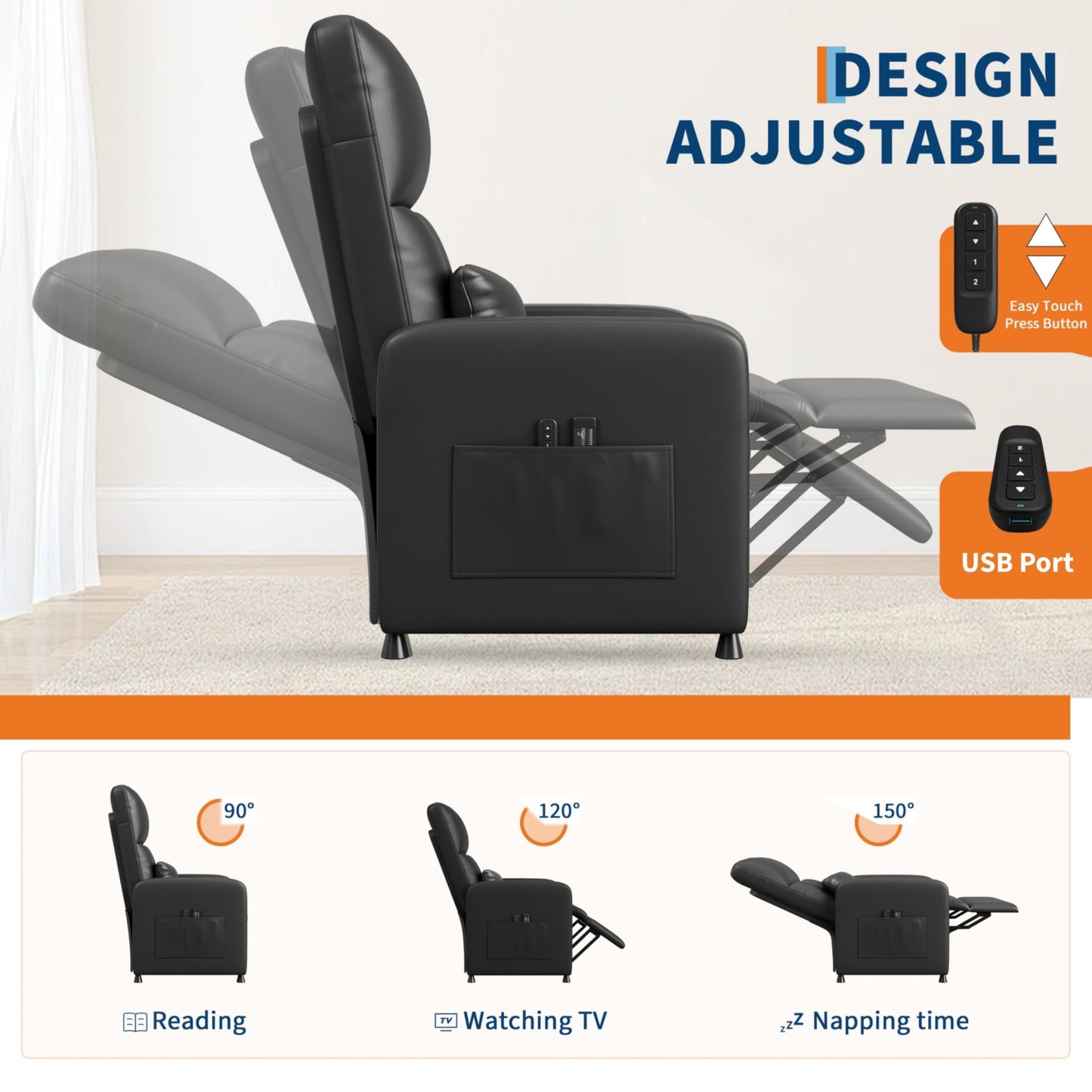 Ergonomic Power Recliner Chair with Heat & Massage, Electric Recliner, Tall Back, Overstuffed PU, Side Pockets, Heated Recliner for Living Room, Home Theater & Game Rooms