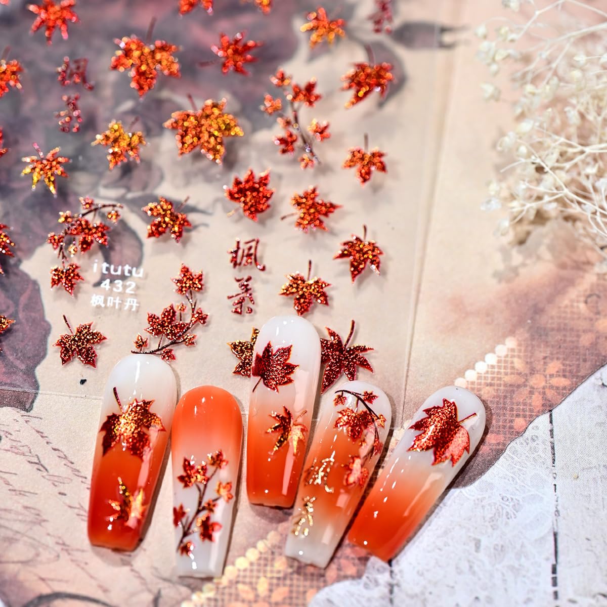 1 Sheets Fall Nail Stickers for Nail Art 5D Embossed Autumn Maple Leaves Nail Art Stickers with Red Maple Leaf Glitter Design Thanksgiving Nail Decals Nail Supplies Manicure Accessories for Women DIY