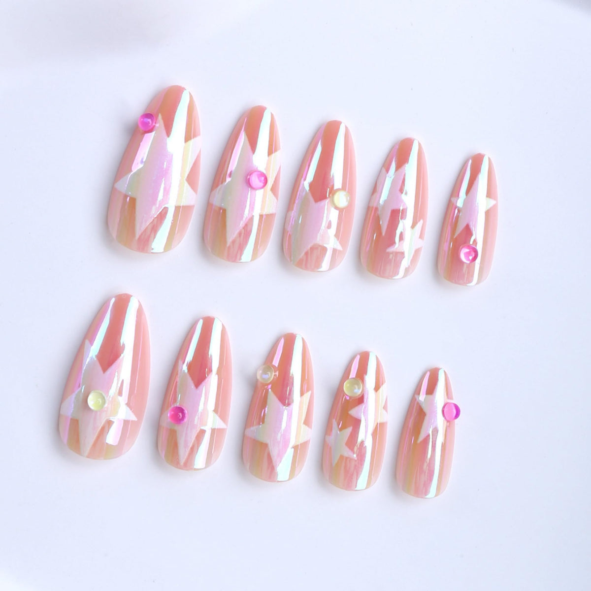 OCTOSWAVE Long Almond Press on Nails Iridescent Pink Star Design with 3D Gems Glossy Fake Nails for Women Salon Look Manicure Kit 24Pcs