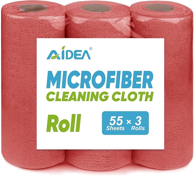 AIDEA Microfiber Cleaning Cloth, 165 Sheets(3 Roll), Micro Fiber Cloth for Cleaning Car, Reusable Paper Towels, Red Shop Rags for Automotive, Mechanic, Workshops, House,11Ã9"