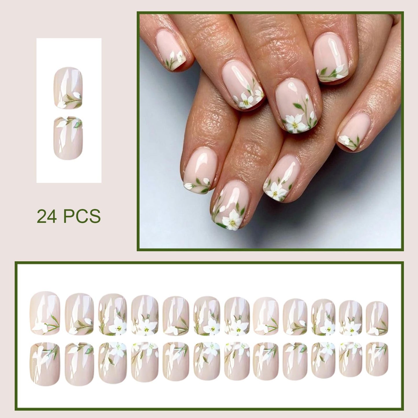 Short Press on Nails with White Flowers Green Leaves Design Spring Floral Fake Nails Cute French Flower Nail Tips Glossy Press on False Nails Square Glue on Nail for Women 24Pcs