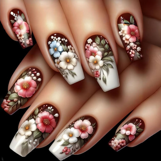 Flower False Nails French Tip Press on Nails Medium Ballet Shaped Colorful Floral Pattern Design Full Cover Glossy Acrylic Stick on Nail Blossom Artificial Fingernails Reusable Glue on Nails for Women