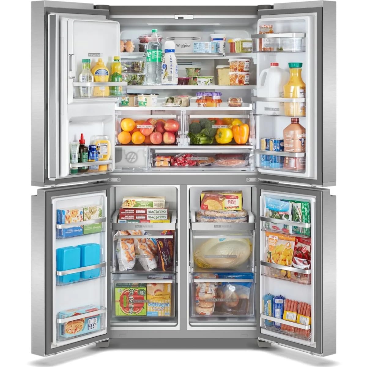 Whirlpool 36 Inch Counter-Depth 4-Door French Door Refrigerator with 19.1 Cu.ft. Capacity, Adjustable Shelves, Gallon Door Bins, Deli Drawer, In-Door-Ice® and Water, Auto Ice Maker