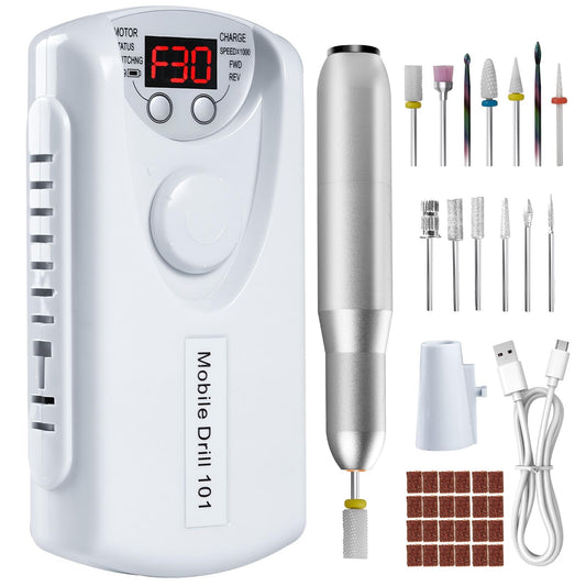 Droyek Electric Nail Drill Portable Nail Drill Professional 30000 RPM 13 Salon Quality Drill bits 50 Sanding Bands Portable & Low Noise for Acrylic Nails Gel Polishing Removing Bits Kit for Home Use