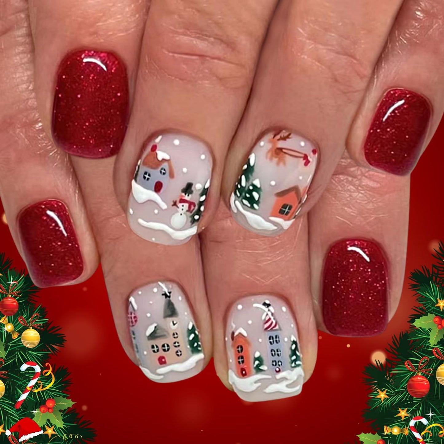 Christmas Press on Nails Short Square Fake Nails with Snow Snowman Designs Red Glue on Nails Glossy Acrylic Nail Cute WInter Stick on Nail for Women 24Pcs