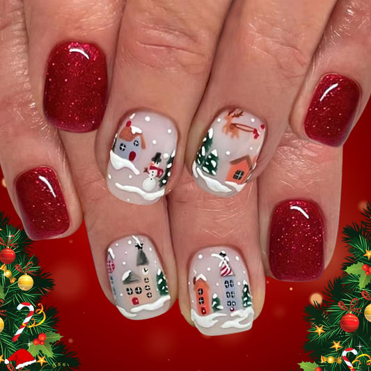 Christmas Press on Nails Short Square Fake Nails with Snow Snowman Designs Red Glue on Nails Glossy Acrylic Nail Cute WInter Stick on Nail for Women 24Pcs