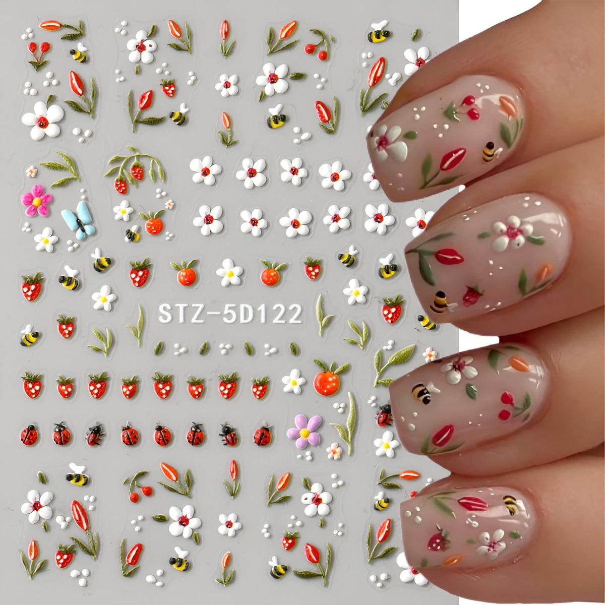 Spirng Nail Stickers for Nail Art 5D Embossed Cute Ladybug Nail Decals Flower Nail Art Stickers Strawberry Leaf Nail Design Summer Nail Art Supplies for Women Girls 2 Sheets