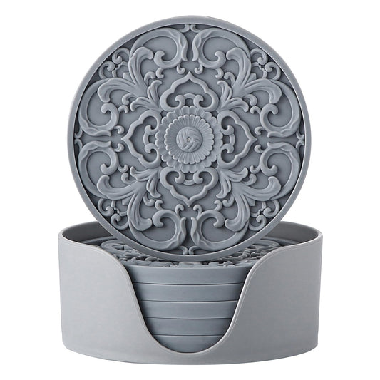 Colinda Silicone Coasters - Set of 6 with Holder, Non-Slip Cup Mats for Hot and Cold Drinks, Decorative Designs, Gift Ready Packaging, Cool Grey