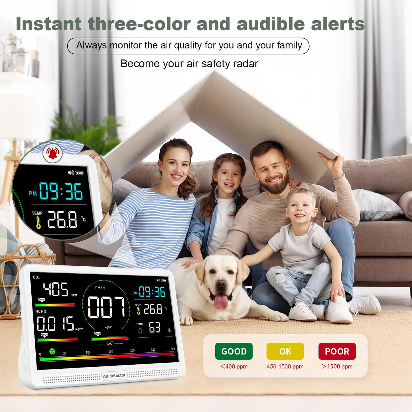 16-in-1 Air Quality Monitor Indoor, 7" Display with 9 AQI Metrics & 7 AQI Alarms, Monitors CO2, PM2.5, PM1.0, PM10, HCHO, TVOC, Temperature, Humidity & AQI, Time, for Home,Office, Car, Plants & Pets
