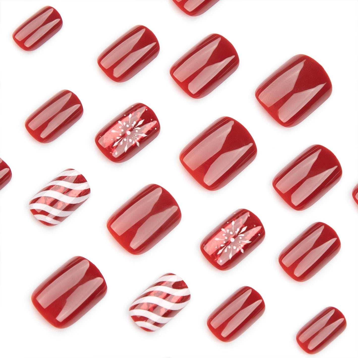 Christmas Red Press on Nails Short Square Fake Nails Winter Xmas Glue on Nails Snowflake Candy Stripes Nails Press ons Glossy Stick on Nails Christmas Acrylic Nails for Women 24 Pcs