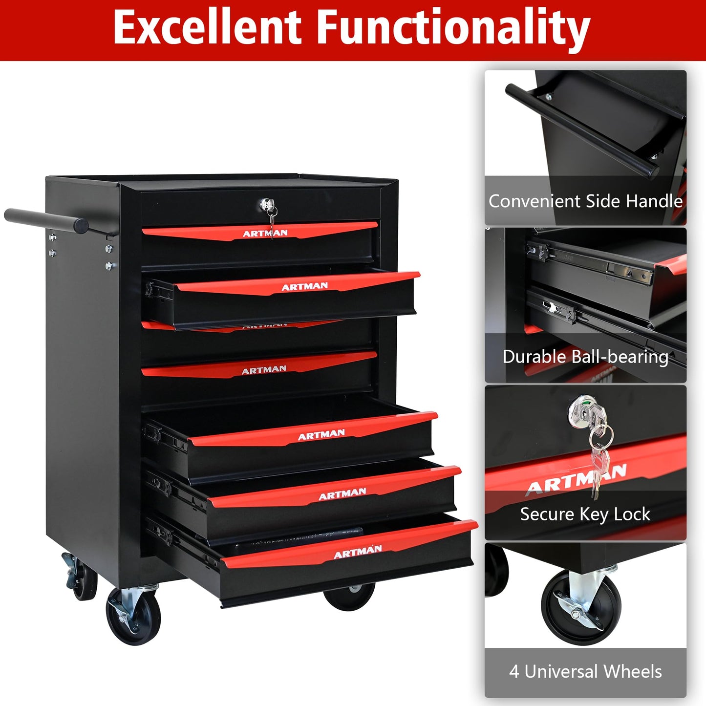nifoti 7 Drawers Tool Cart on Wheels, Multifunctional Rolling Tool Storage Chest, Drawers Rolling Trolley Organizer Tool Box for Warehouse, Garage, Workshop, Repair Shop (7 Drawers-30.5"H)