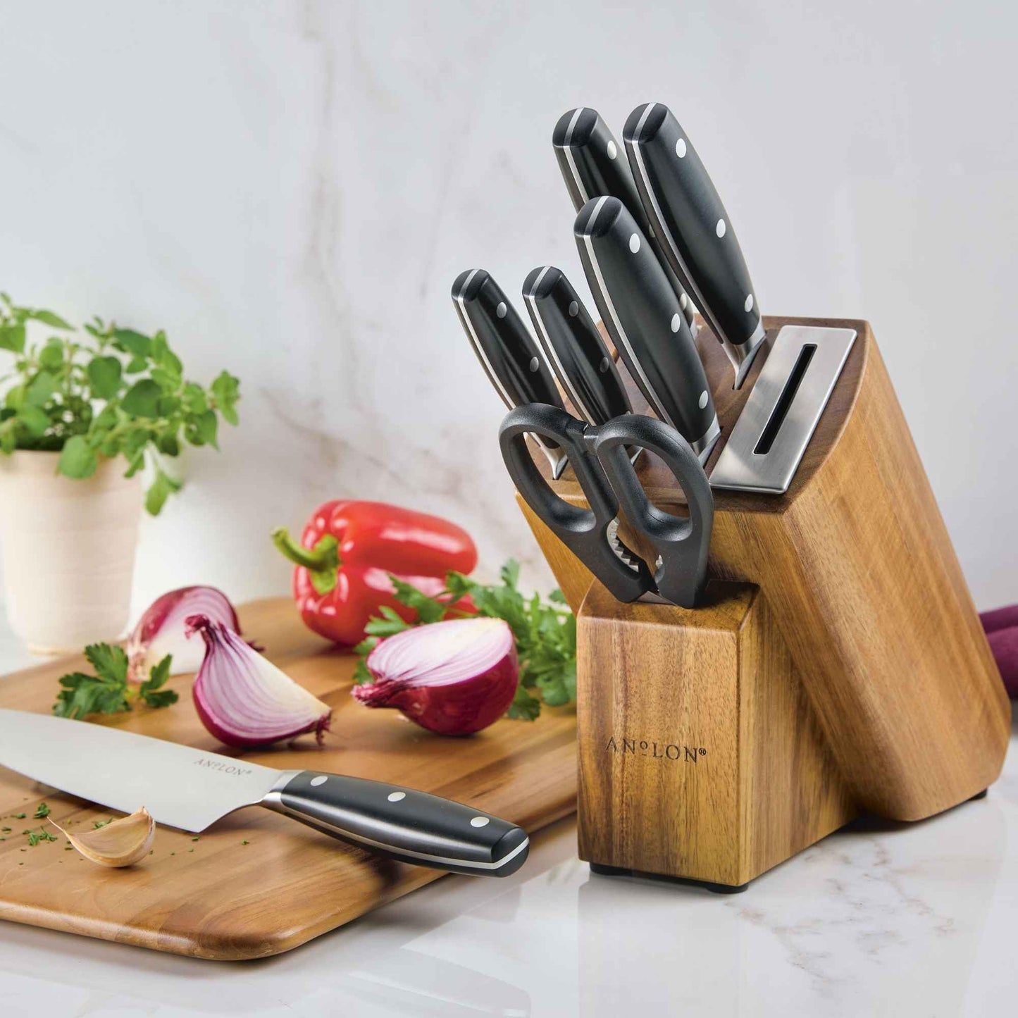 Anolon AlwaysSharp Japanese Steel Knife Block Set with Built-In Sharpener, 8 Piece