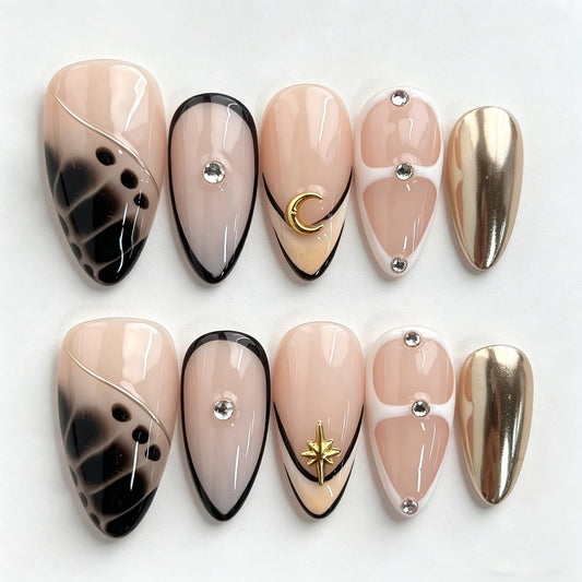 Handmade Press on Nails Almond Medium 3D French Tip Thick Acrylic Fake Nails False Nails with Moon Stars Rhinestones Gold Curve Line Designs Black&White Sturdy Nail Art Press on Nails 10Pcs(S)