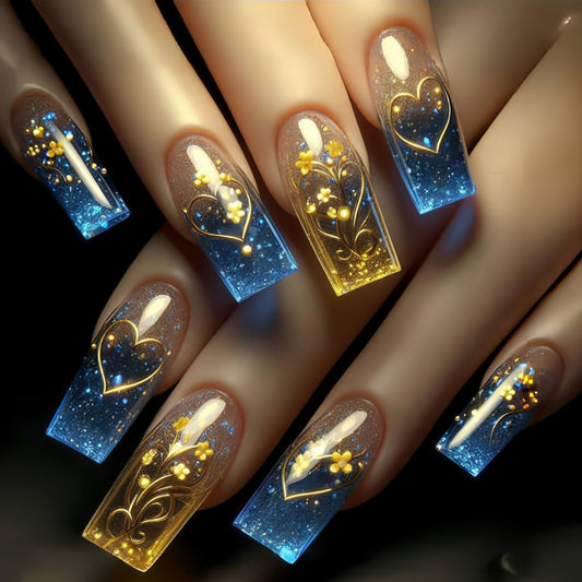 EYZOTSF Press on Nails Long Coffin Shaped Acrylic Square False Nails with Designs Artificial Extra Long Length Coffin Fake Nails with Charms Glue Stick ons Fingernails for Women Girls(Y485)
