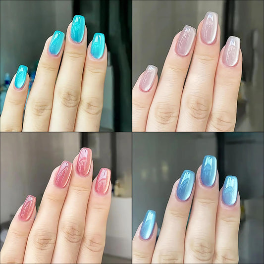 KKUUOO 4 Color Press on Nails, 96Pcs Medium Square Fake Nails, Glitter Press on Nails, Full Cover Glossy Acrylic Nails, Gradient False Nails, Stick on Nails for Women Girls (Cyan Blue Pink Nude Color)