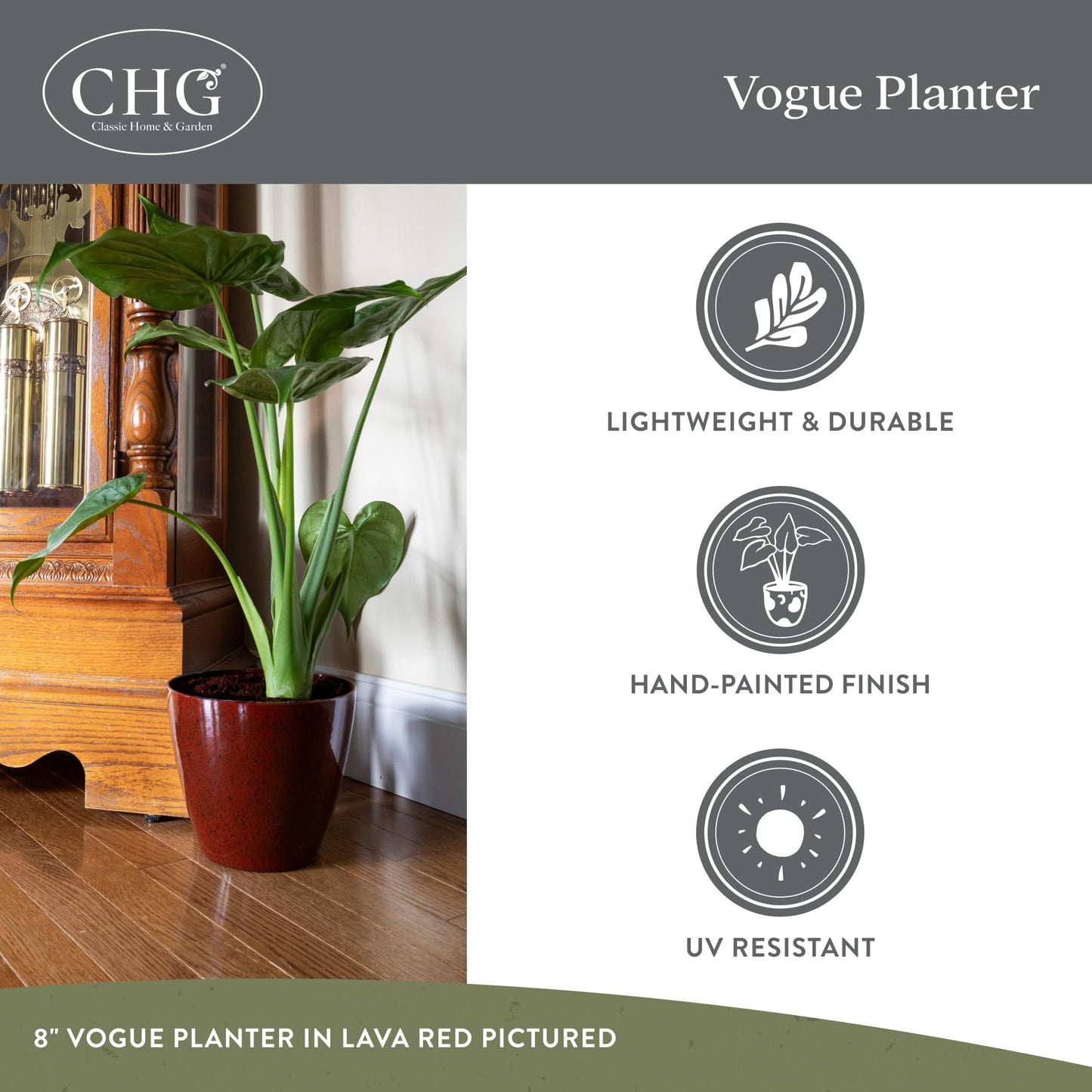 Classic Home and Garden Vogue Planter Pots w/Pottery Quality Finish - Modern Indoor & Outdoor Flower Pots - UV-Resistant Porch Planters - Decorative Pot for Flowers & Herbs (8” Burnished Rust)