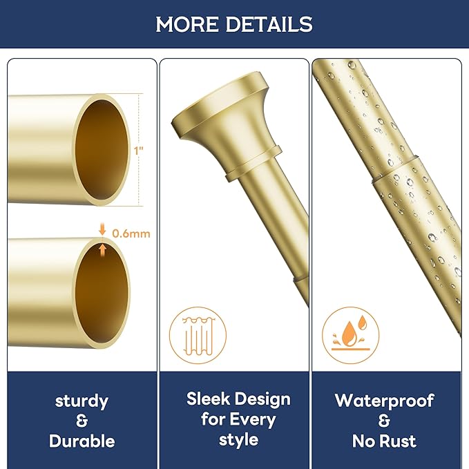 STARLATTA Adjustable Shower Curtain Rod 31-80 Inch, Never Rust Stainless Steel Gold Tension Rod, 1" Heavy Duty No-Drill for Bathroom, Kitchen & Closet
