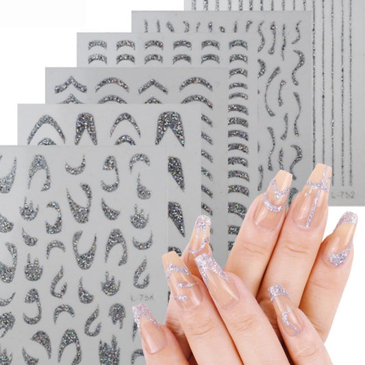 Glitter Wavy Stripe Nail Stickers, Self Adhesive Baroque Nails Decoration Supplies for Women Nails Design(Glitter, 12sheets)