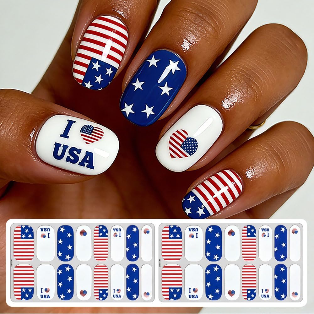 4th of July Nail Wraps Stickers Red Blue White Star Nail Strips Stickers Patriotic Nail Polish Strips Nail Accessories Independence Day Nail Art Supplies for Women DIY Manicure Nail Decoration 2Pcs