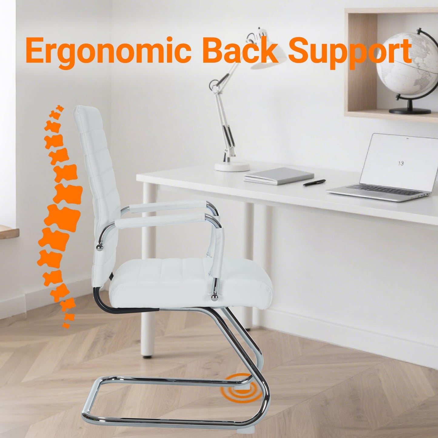 Sidanli Desk Chair No Wheels, Leather Guest Chair with Mid Back Ergonomic Support & Sled Base for Office Reception Conference Room, 2 Pack, White