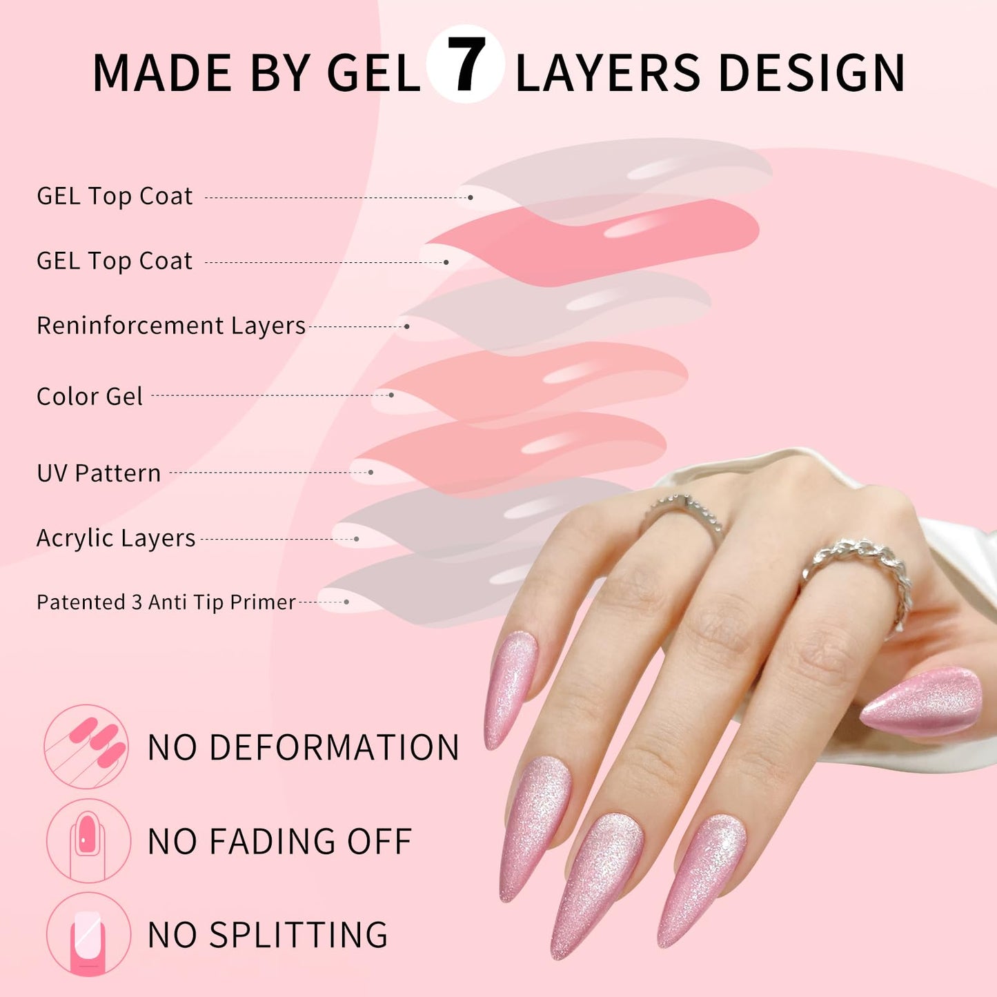 Pink Almond Cat Eyes Press On Nails,12 Sizes - 24 Pcs Soft Gel Pink Medium Fake Nails Kit with Nail Glue, Natural Reusable Stick On False Nails for Women and Girls SK1011