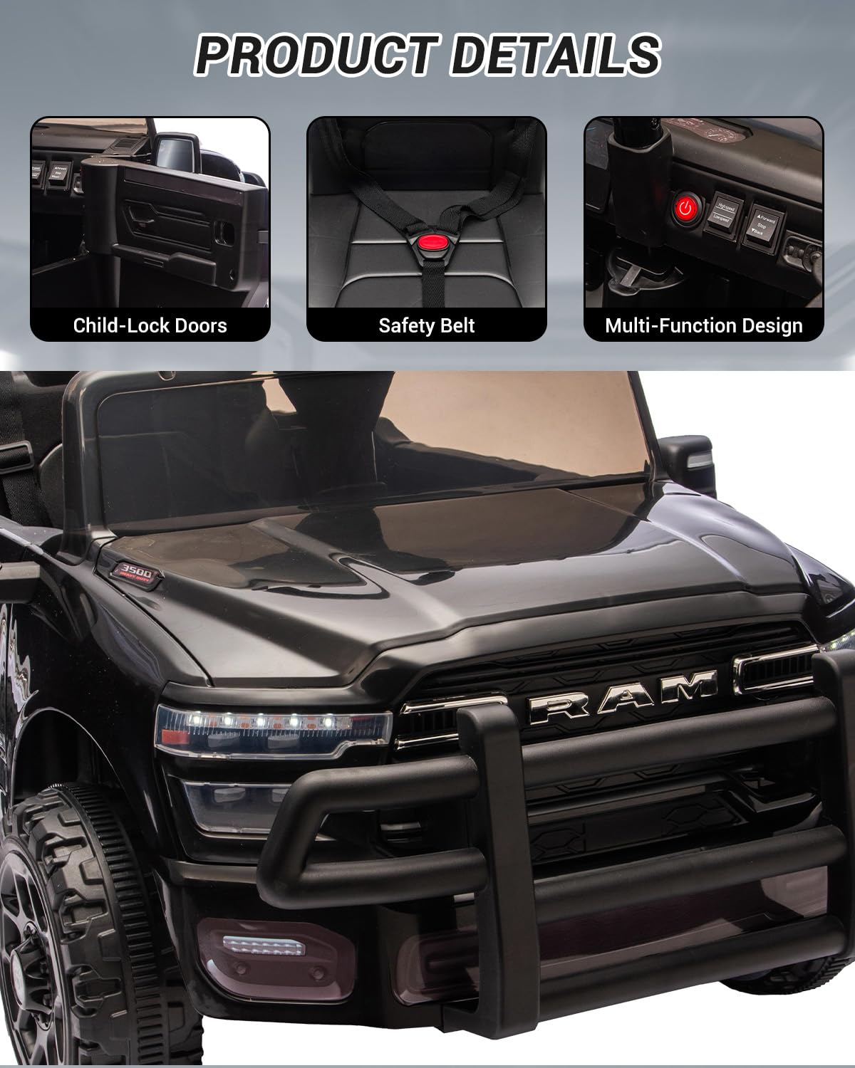 Electric Car for Kids, Licensed RAM 12V Ride on Truck w/Remote Control, Toddler Ride on Toys with Music, 3 Speeds, LED Lights, Suspension, Gift for Boys Girls