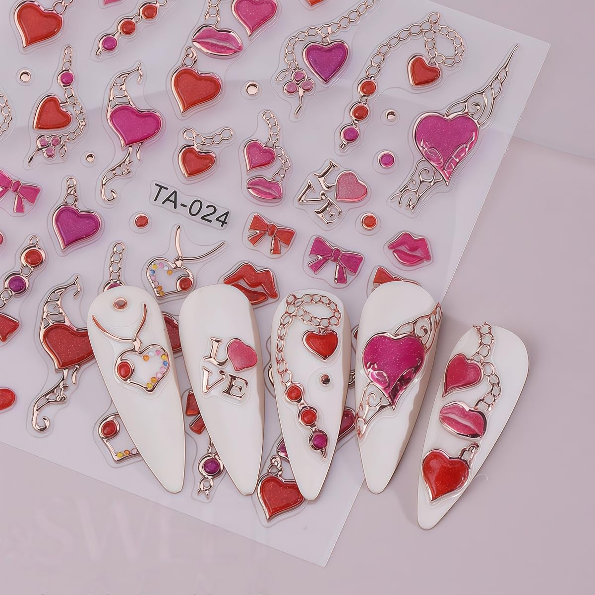 2 Sheets Heart Nail Art Stickers for Nail Art Valentine’s Day Nail Decals 5D Self-Adhesive Red Heart Nail Design Valentines Day Nails Supplies for Women Girls DIY Nail Decor