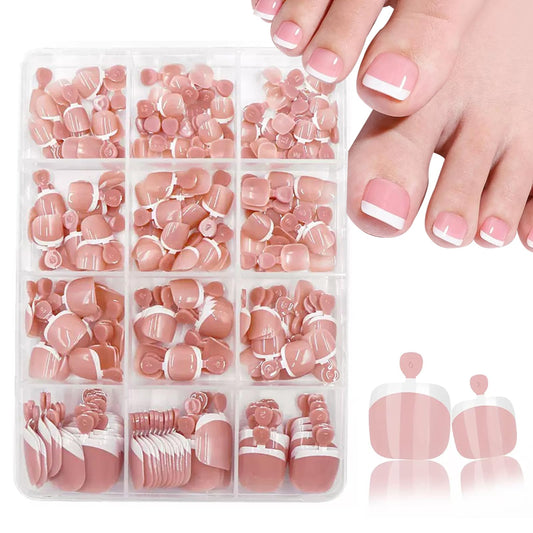 French Tips Press On Toenails Short Square Fake Toenails White French Tip Design Stick on Toenails Pink False Toe Nails Glossy Handmade Acrylic Glue on Toe Nails for Women Nails Art Decoration 240Pcs