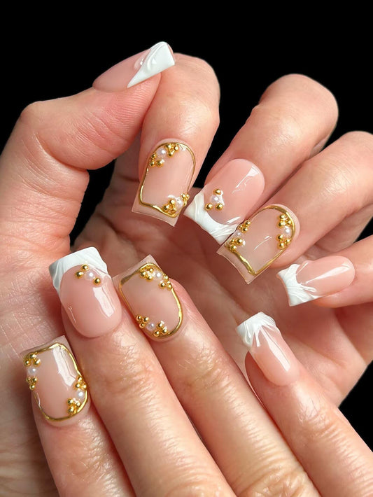 MAGLFELL Press on Nails, Square 3D Handmade Flase Nails Short, Nude Pink White French Fake Nails with Gold Pearls and Line, 10 Pcs Reusable Thick Acrylic ABS Artificial Fingernail for Women M Size