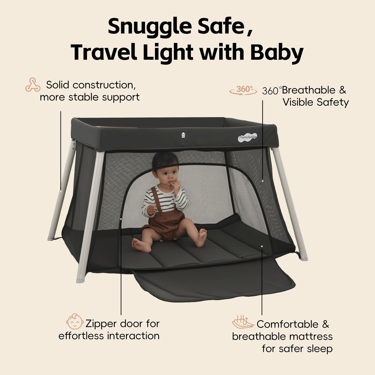 Pamo Babe Travel Crib with Bassinet, Certified Baby Safe Portable Crib, Extra Large Portable Playpen with Mattress & Zipper Door, Lightweight Foldable Pack and Play Baby Travel Bed - Grey