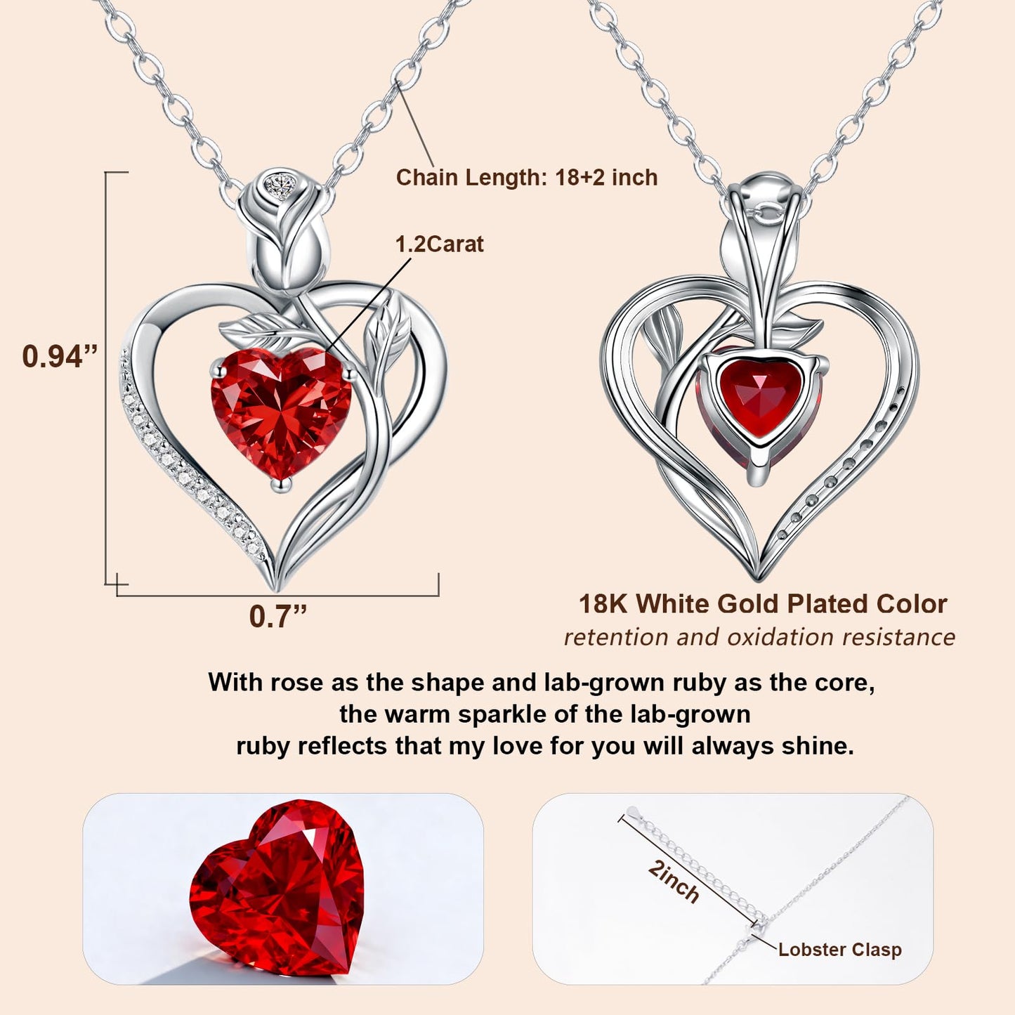 JACUPO Rose Heart Necklace and Earrings Set (Necklace 1.2CT / Earrings 0.8CT) Moissanite/Lab-Grown Sapphire/Ruby Options S925 Sterling Silver 18K White Gold Plated Engraved "I LOVE YOU" Perfect Engagement Gift for Girlfriend Wife (Ruby Silver)