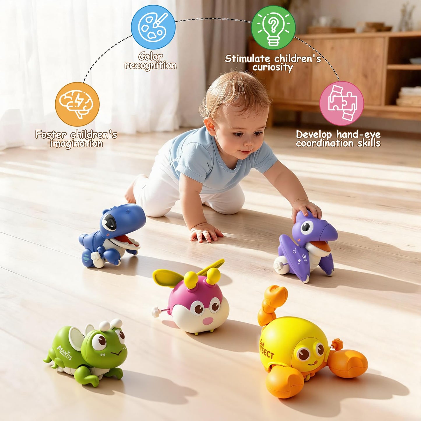 bessome Wind Up Crawling Baby Toys Set, Cute Animal Push and Go Car Toys for 18 Months, Montessori Early Learning Toys for Boys & Girls 2 3 4 Years Old, Hand-Eye Coordination & Crawling Training Gift