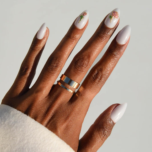 Glamnetic Press On Nails - Floral Glow Spring Nails | Short Almond Fake Nails in Milky White Base with 3D Rose Designs in a Glossy Finish, Salon Quality | 15 Sizes - 30 Nail Kit with Glue