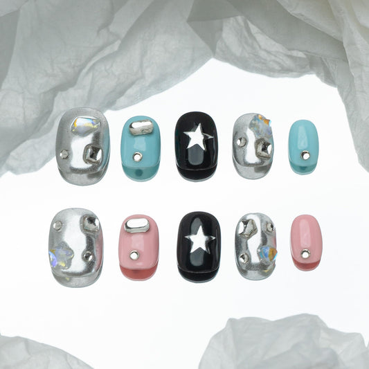 Sun&Beam Nails Handmade Press-on Short Squoval Round Blue Pink Black Silver Star Rhinestone Y2K Design Fashion False Nail Tips 10 Pcs Set (#205 S)