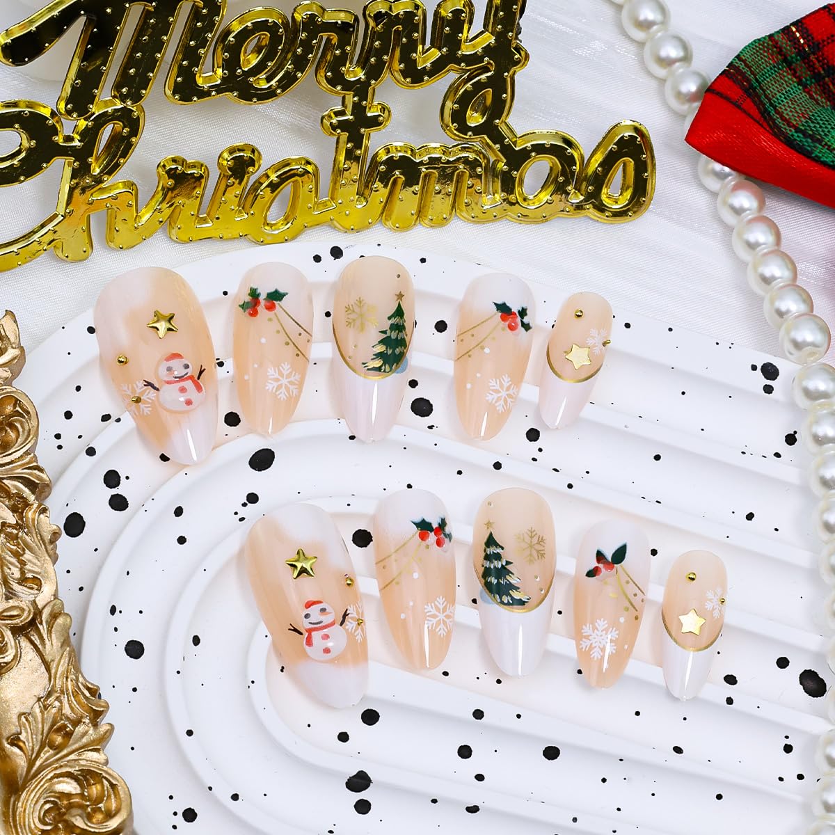 24Pcs Christmas Press on Nails Medium Almond Fake Nails 3D Star Xmas Tree Holly Snowmen Design Winter Glue on Nails French Tip False Nails Gold White Snowflake Acrylic Stick on Nail for Women Manicure